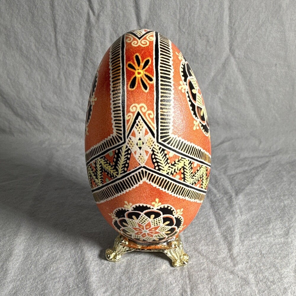 Traditional Ukrainian Pysanka Egg with Intricate Geometric Batik Design